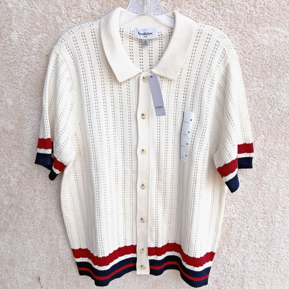 Goodfellow Mens M Short Sleeve Knit Sweater Polo Shirt Full Button Preppy Tennis